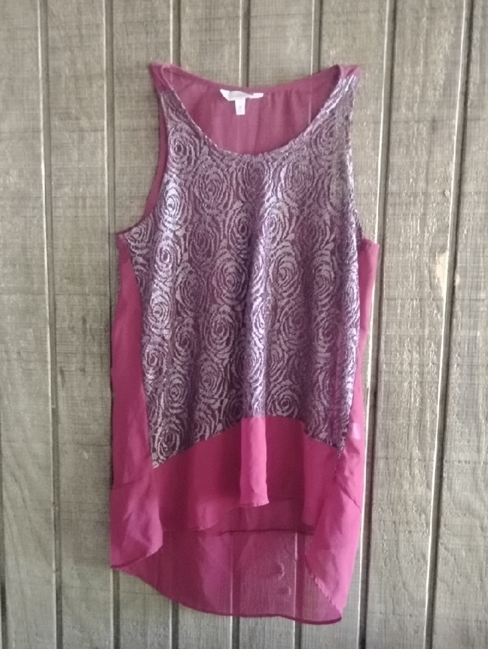 Charming Charlie Magenta Sheer Overlay Tank with Lace Rose Panel